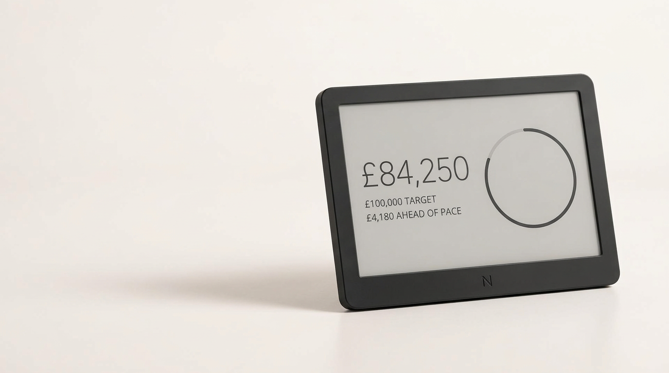 Numberstand 8-inch e-paper display in a black frame showing £84,250